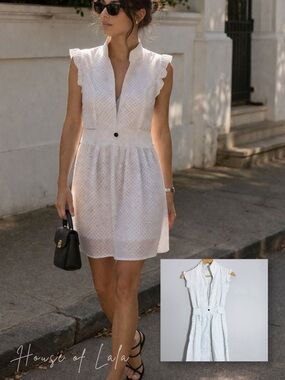 White Polka Dot Mini Dress Coastal Chic Deep V Feminine Ruffle Sleeve Summer XS